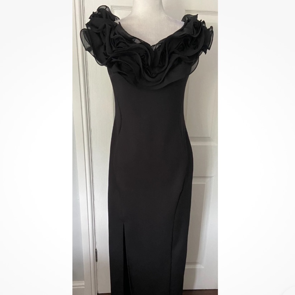 Lipsy Black Ruffle-Trim Evening Gown